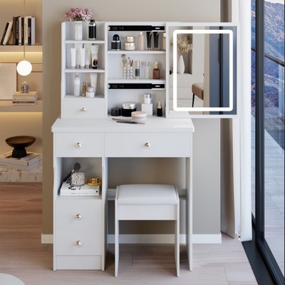 Makeup Vanity Desk with Mirror and Light, Makeup Vanity Table with Stool, Dressing Table with Drawers & Open Storage for Small Space White