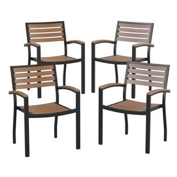Emma and Oliver Set of 4 Stackable All-Weather Black Aluminum Patio Chairs with Faux Teak Slats