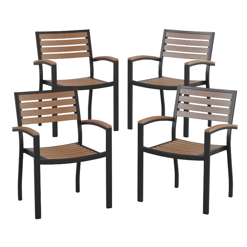 Emma and Oliver Set of 4 Stackable All-Weather Black Aluminum Patio Chairs with Faux Teak Slats, 1 of 12