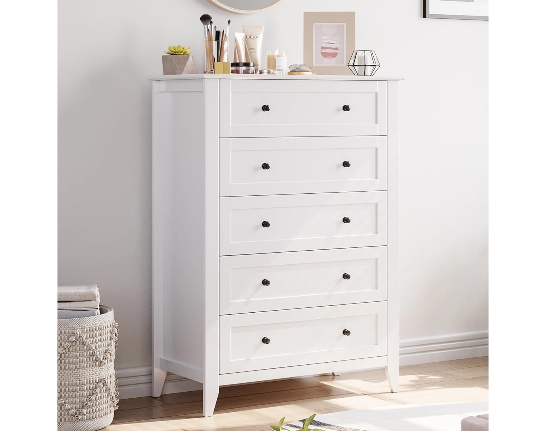 5 Chest of Drawer Dresser, Modern Wood Organizer Dresser Storage Cabinet with Drawers for Bedroom, Living Room, Entryway, White