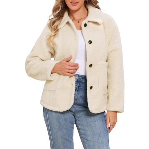 INSPIRE CHIC Women's Faux Fur Peter Pan Collar Button Down Winter Warm Fuzzy Coat Large Beige