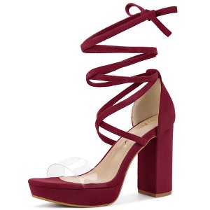 Allegra K Women's Open Toe Lace Up Clear Strap Platform Chunky Heels Sandals - 1 of 4