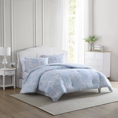 Laura Ashley 7pc King Branch Toile 100% Cotton Comforter Sham Bonus Set  Blue : Target