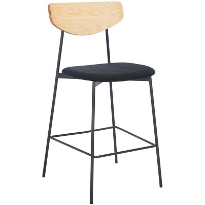 Mid-Century Oak and Black Iron Saddle Counter Stool