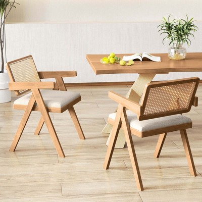 Set of 2 White Rattan and Cane Side Chairs with Rubber Wood Frame