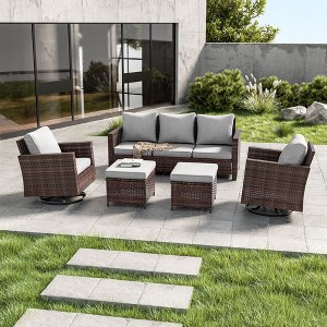 Sonkuki 5-Piece Patio Conversation Set with Swivel Rocking Chair, Navy Blue Cushion - 1 of 4