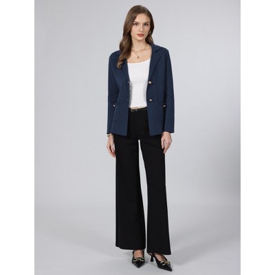 INSPIRE CHIC Women's Notched Lapel Long Sleeve Button Down Business Casual Knit Blazer with pockets Medium Navy Blue — фото 2