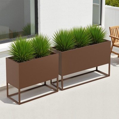 Wooakway 2-Piece Indoor Outdoor Metal Planter Pot Planter Box Patio Garden Bed Brown
