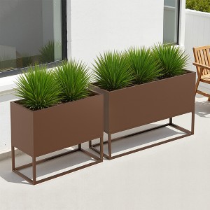 Wooakway 2-Piece Indoor Outdoor Metal Planter Pot Planter Box Patio Garden Bed Brown - 1 of 4