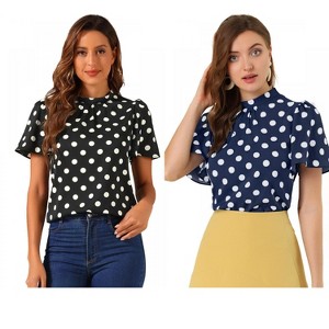 INSPIRE CHIC Women's Polka Dots Stand Collar Pleat Keyhole Back Short Flare Sleeve Tops 2 Packs - 1 of 4