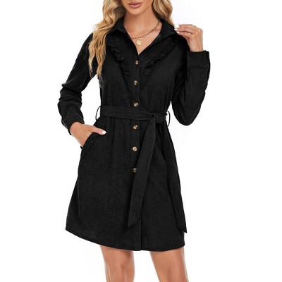 WhizMax Women's Corduroy Ruffle Hem High Waist Button Front Dress With Belt