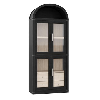 71.4 in Tall Arched Bookshelf with Doors and Drawers - 15.83 in Depth Wooden Display Cabinet, Farmhouse Rounded Bookcases for Living Room & Kitchen