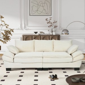 Modern Curved Sofa, Back Upholstered Couch with 2 Decorative Throw Pillows, Corduroy Fabric Couch for Living Room, Bedroom , Apartment - 1 of 4