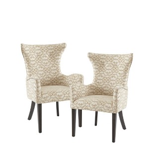 Set of 2 Shin Arm Dining Chair Tan: Upholstered, Bronze Nailhead Trim, Wood Legs - 1 of 4