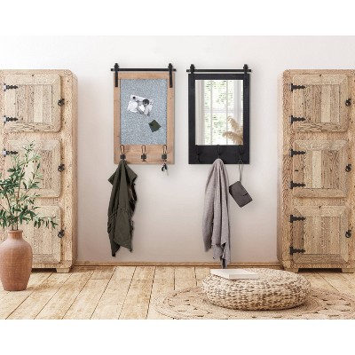 Black Wood Barn Door Wall Mirror with Hooks
