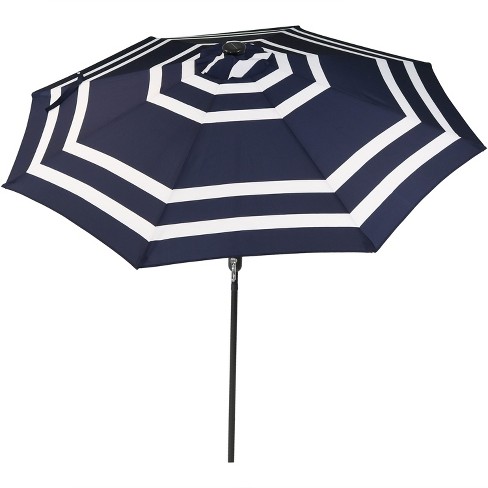 9 Solar Led Outdoor Patio Umbrella With Push Button Tilt And Crank Navy Blue White Stripe Sunnydaze Decor Target