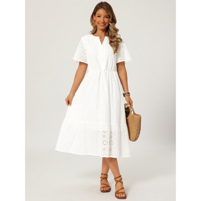 Женские платья INSPIRE CHIC Women's Lace Eyelet Summer V Neck Short Flutter Sleeve Flowy Beach A Line Midi Dress X-Large White — фото 4