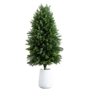 Nearly Natural 3-ft UV Resistant Artificial Cedar Tree in Decorative White Planter (Indoor/Outdoor) - 1 of 4