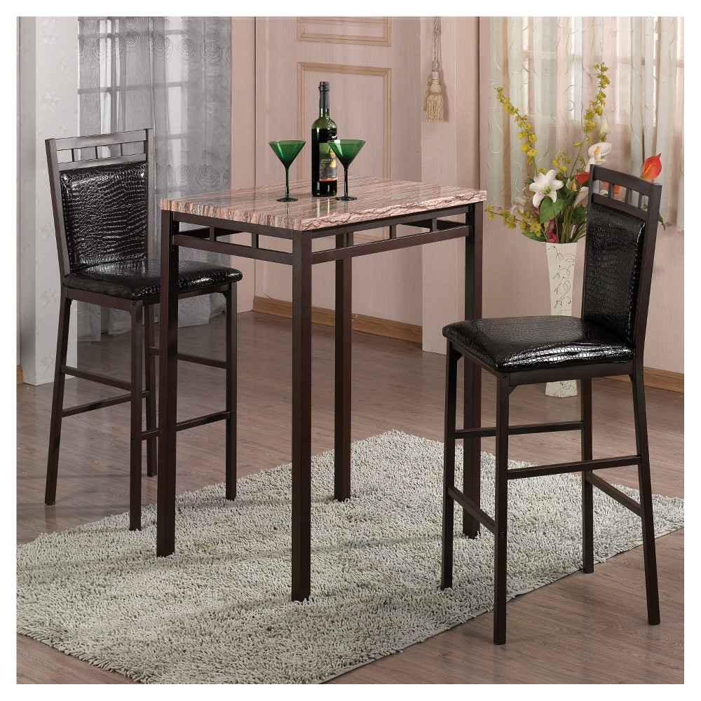 Home Source Amber 3 Piece Bistro Set with Counter Height Brown Faux Marble Table and 2 Textured Faux Leather Side Chairs