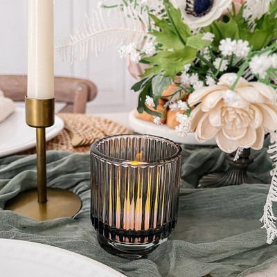 Smoke Gray Ribbed Glass Tealight Votive Candle Holders Set of 6