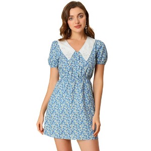 Allegra K Women's Casual Floral Embroidered Contrast Collar Elastic Waist Button-Down Mini Dress - 1 of 4
