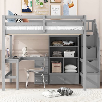 Sapphtopaz High Loft Bed with L-Shaped Desk and Drawers, Cabinet and Storage Staircase, Loft Bed for Kids, Teens, Space-Saving