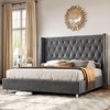 Bed Frame Upholstered Bed Wingback Headboard Velvet Tufted Diamond Button - 2 of 4