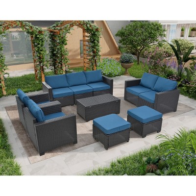 10-Piece Outdoor PE Rattan Seating Set,Sofa Set with Storage Table and Ottoman, Sofa with Iron Frame and Cushions-Coolbibila