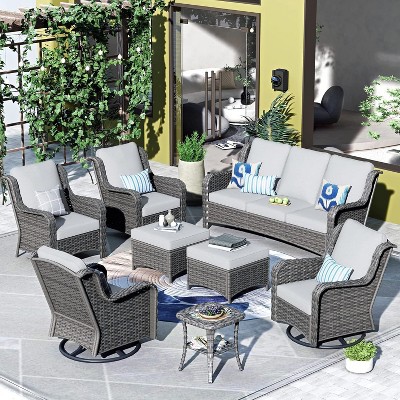 XIZZI Wicker Patio Furniture Set with 3-Seat Sofa, Swivel Rocking Armchairs & Ottomans & Side Table, Modular Sectional Outdoor Conversation Sofa Set