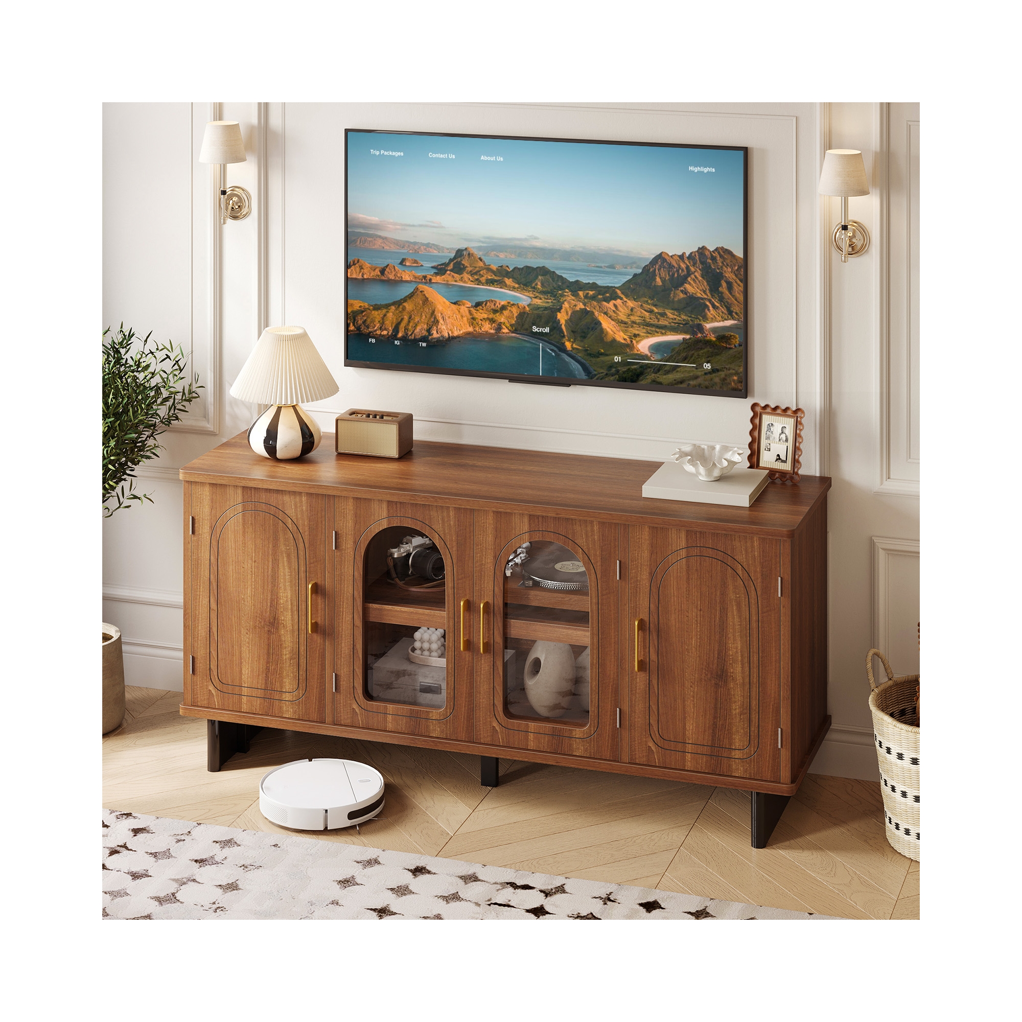 Bestier 60" TV Stand for 65" TV, Entertainment Center Mid-Century Media Console with Glass Doors & Adjustable Shelves for Living Room & Bedroom,Walnut