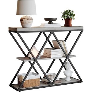 3-Tier Industrial Console Table with x-Shaped Metal Frame, Open Shelf Console Sofa Table for Living Room with Adjustable Feet - 1 of 4