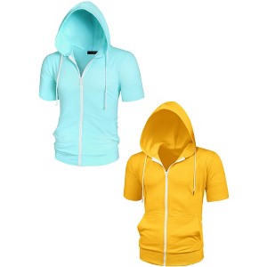 Lars Amadeus Men's Solid Color Zipper Short Sleeves Drawstring Hoodies Sweatshirt 2 Packs - 1 of 4