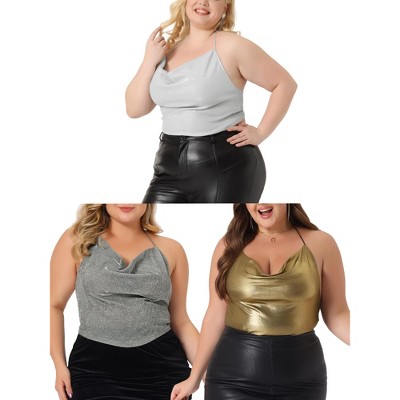 Agnes Orinda Women's Plus Size Backless Halter Sleeveless Glitter Metallic Sequin Party Criss Cross Packs Camisoles