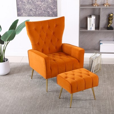 Accent Chair With Ottoman Set Of 2, Velvet Button Armchair With Backrest, Modern Upholstered Sofa Chair With Metal Legs For Living Room