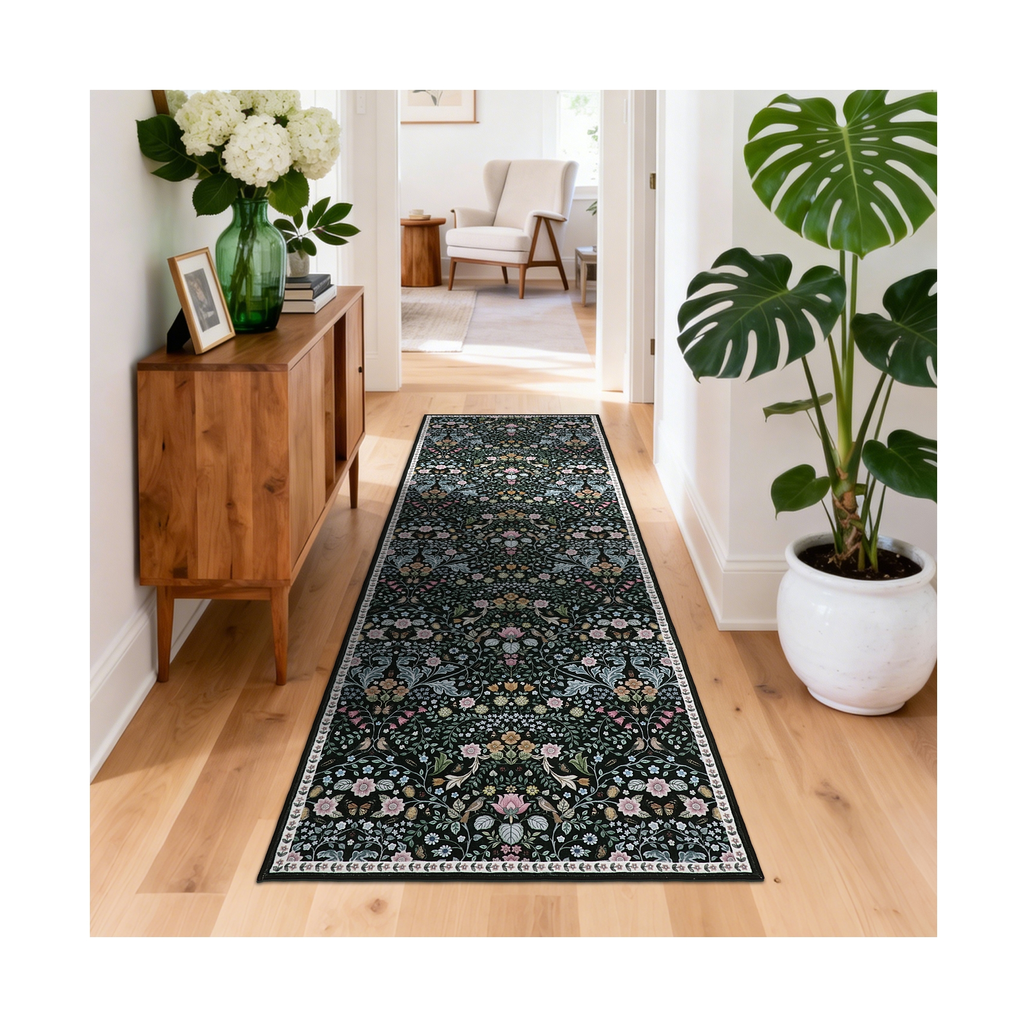 2x6 Floral Runner Rug, Non-Slip Washable Low-Pile Botanical Print Stain Resistant Foldable Carpet for Entryway Kitchen Hallway