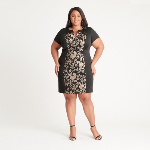Women's Plus Embroidered Center Panel Sheath Dress - Connected Apparel -  Black, Gold, Size: 20w : Target
