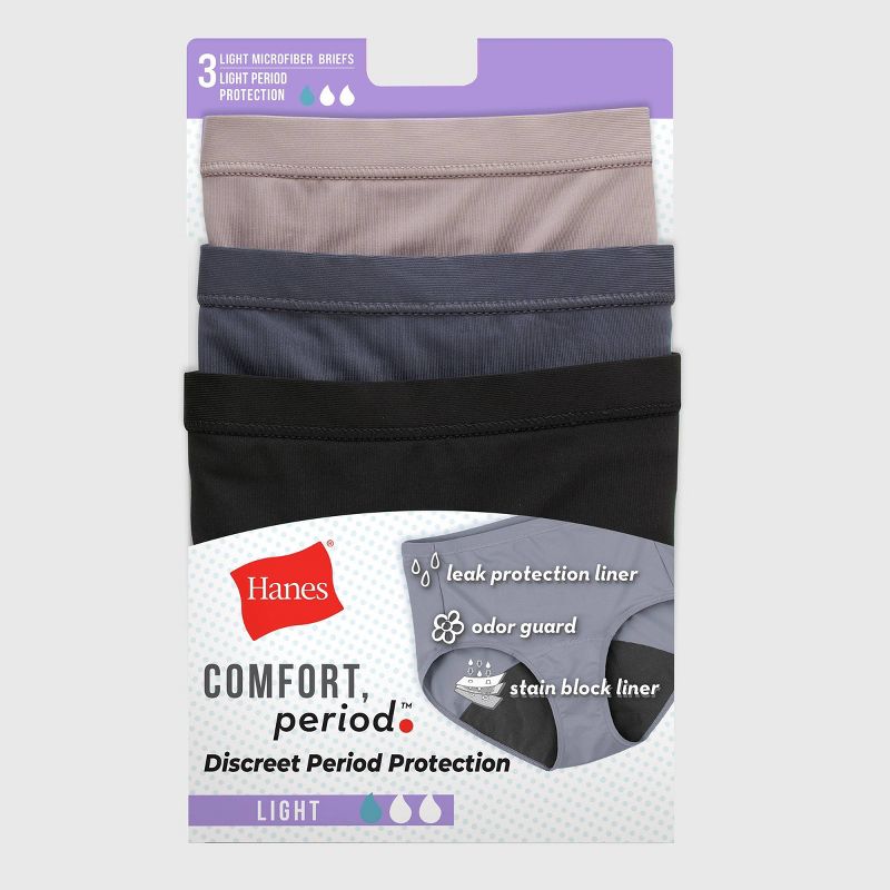 Hanes Women's 3pk Comfort Period and Postpartum Light Leak Protection Briefs - Beige/Gray/Black, 3 of 10