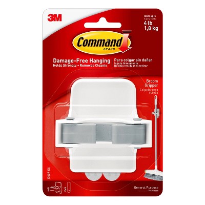 Command Broom Gripper: Wall Mount Broom Holder & Hanger, Adhesive Hook, Plastic, 4 lb Capacity, White