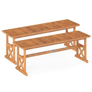 Tangkula 2 PCS 51 Inches Acacia Wood Outdoor Bench w/ Slatted Seat & X-Shaped Frame - 1 of 4
