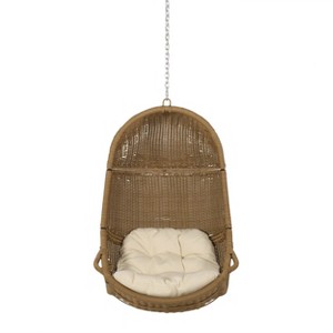 Orville Indoor/Outdoor Wicker Hanging Chair with 8' Chain - Light Brown/Beige - Christopher Knight Home: Polyester, Weather-Resistant - 1 of 4