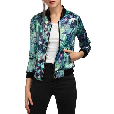 INSPIRE CHIC Women's Stand Collar Floral Prints Zip Up Lightweight Short Jacket