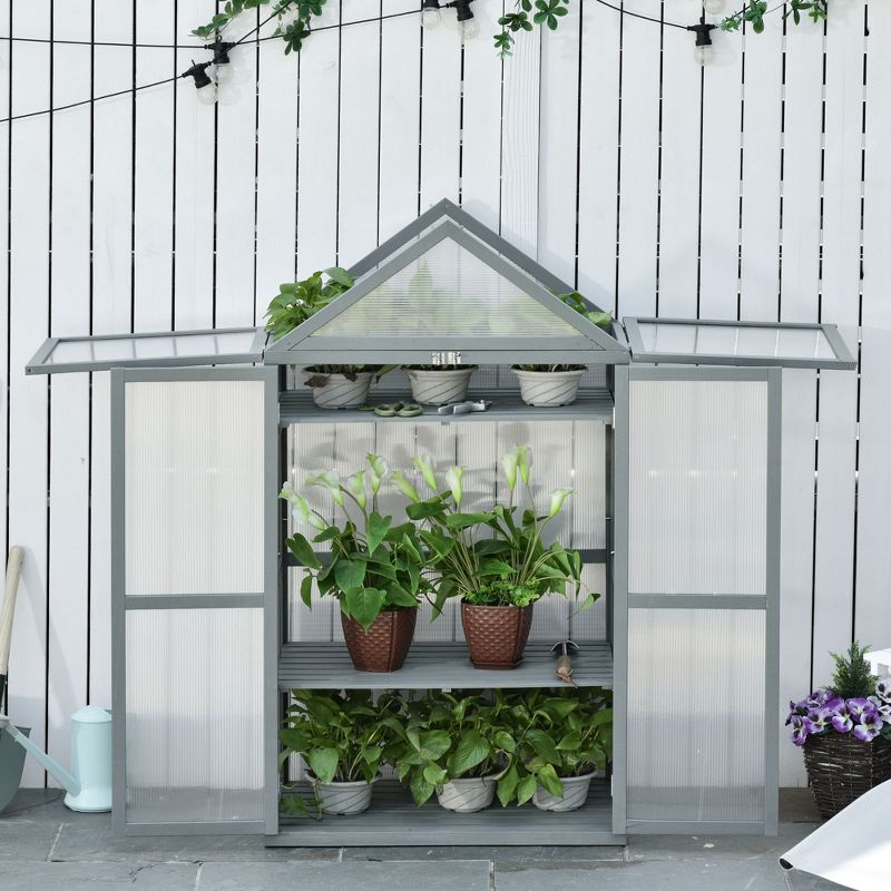 Outsunny 32" x 19" x 54" Garden Wood Cold Frame Greenhouse Flower Planter with Adjustable Shelves, Double Doors, 3 of 9