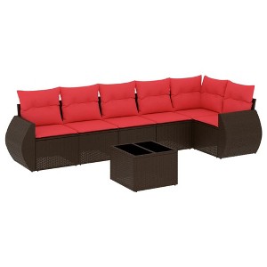 vidaXL 7 Piece Patio Sofa Set with Cushions Brown Poly Rattan - 1 of 4