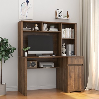 Computer Desk With Hutch and Bookshelf, Farmhouse Home Office Desk Writing Table With Drawer, 3 AC Outlets And 2 USB Charging Ports
