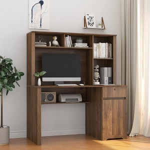 Computer Desk With Hutch and Bookshelf, Farmhouse Home Office Desk Writing Table With Drawer, 3 AC Outlets And 2 USB Charging Ports - 1 of 4