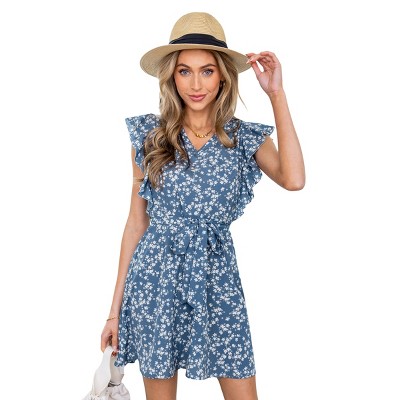 Women's Floral Print Ruffle Sleeve Tie-Waist Mini Dress - Cupshe