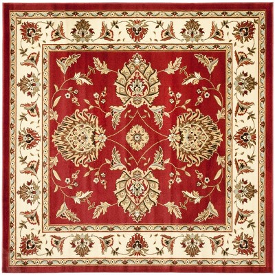 Red and Ivory Safavid Style Synthetic Area Rug, 6'7" Square