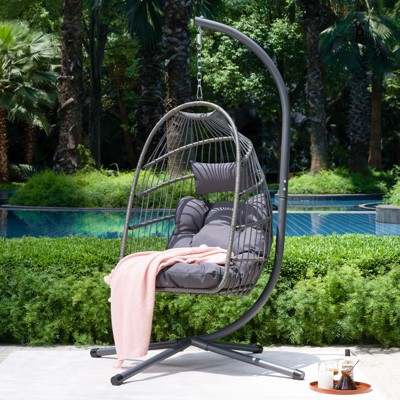 VisioGear Egg Chairs, Patio Egg Chair with Stand, Patio Foldable Egg Chair for Bedroom Living Room Balcony, Black & Gray, 43.3"*43.3"*77.95"