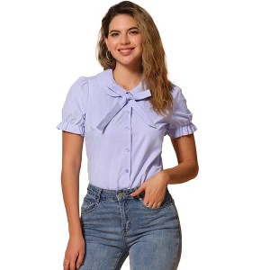 INSPIRE CHIC Women's Vintage Bow Tie Solid Peter Pan Collar Office Button Up Shirt - 1 of 4