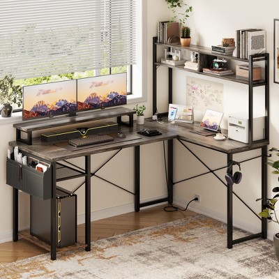 Aheaplus L Shaped Desk with Charging Staion and LED Light, Corner Computer Desk with Hutch and Monitor Stand